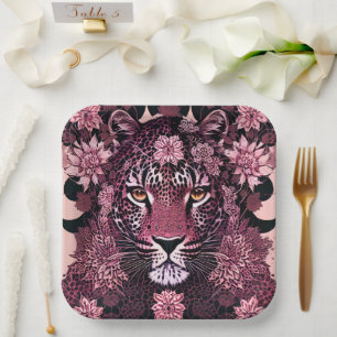 Fierce Pink Leopard Face Floral Paper Plates