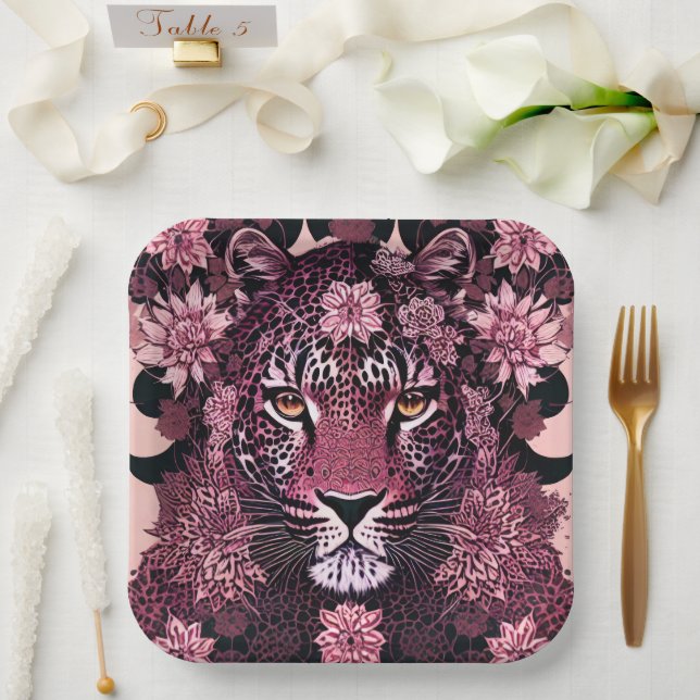 Fierce Pink Leopard Face Floral Paper Plates (Wedding)