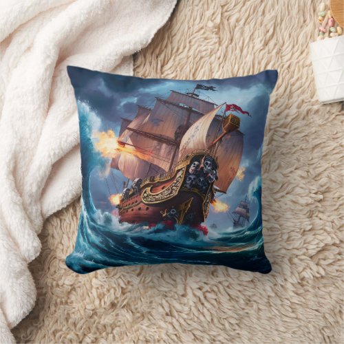 Fierce Pirate Ship Engaging Stormy Seas at Dusk Throw Pillow