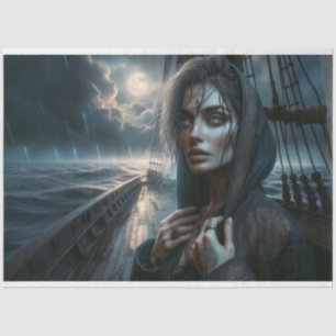 Fierce Pirate Woman Under Moonlit Sky Decoupage  Tissue Paper