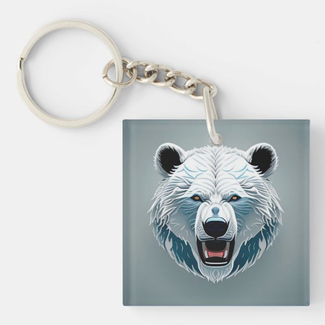 Fierce Polar Bear Geometric Illustration Keychain (Front)