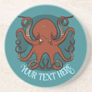 Fierce Red Octopus Illustration Custom Text Design Coaster