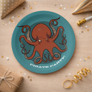 Fierce Red Octopus Tentacles Cartoon Paper Plates