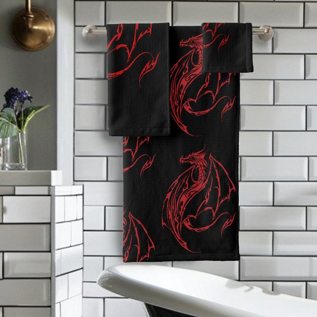 Fierce Red Tribal Dragon Silhouette Fantasy Bath Towel Set (Creator Uploaded)