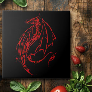 Fierce Red Tribal Dragon Silhouette Fantasy Ceramic Tile