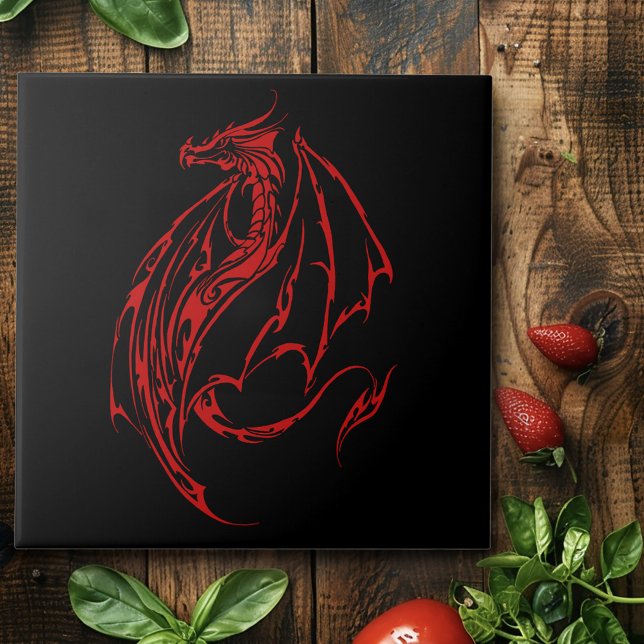 Fierce Red Tribal Dragon Silhouette Fantasy Ceramic Tile (Creator Uploaded)
