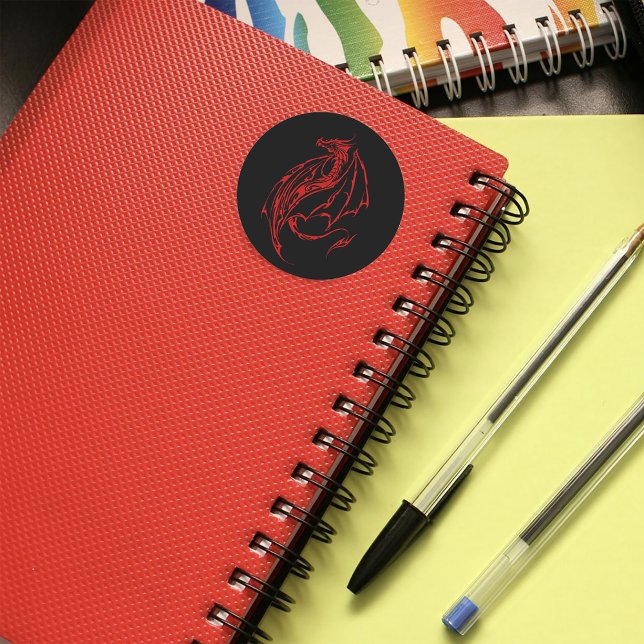 Fierce Red Tribal Dragon Silhouette Fantasy Classic Round Sticker (Creator Uploaded)