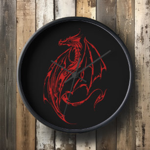 Fierce Red Tribal Dragon Silhouette Fantasy Clock