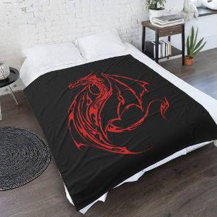 Fierce Red Tribal Dragon Silhouette Fantasy Fleece Blanket