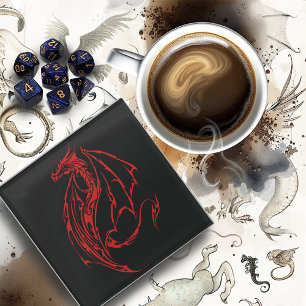 Fierce Red Tribal Dragon Silhouette Fantasy Glass Coaster