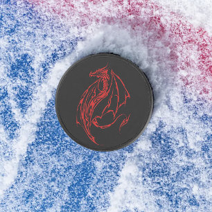 Fierce Red Tribal Dragon Silhouette Fantasy Hockey Puck