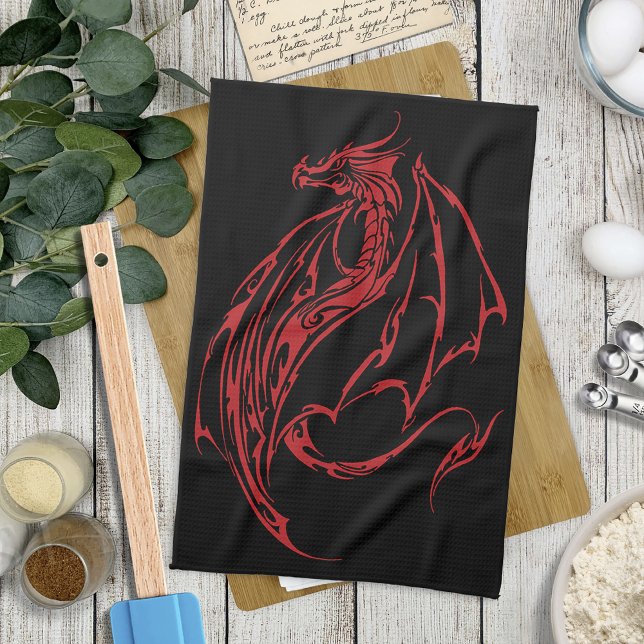 Fierce Red Tribal Dragon Silhouette Fantasy Kitchen Towel (Creator Uploaded)
