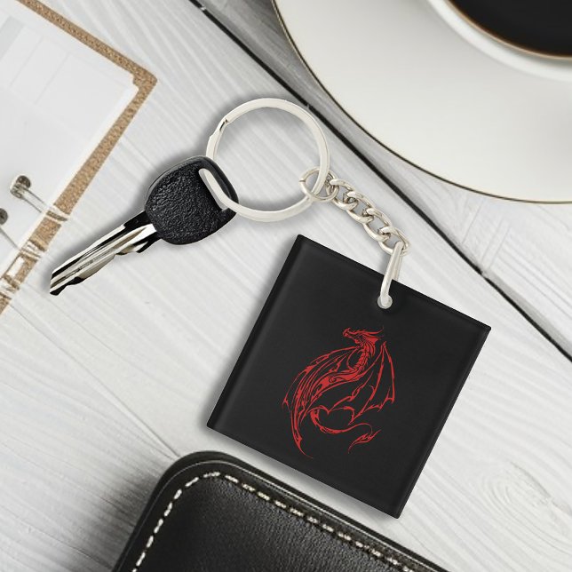 Fierce Red Tribal Dragon Silhouette Fantasy Logo Keychain (Creator Uploaded)