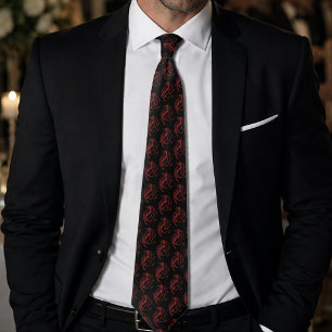 Fierce Red Tribal Dragon Silhouette Fantasy Neck Tie