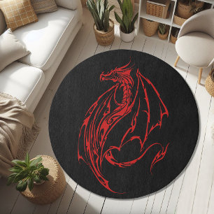Fierce Red Tribal Dragon Silhouette Fantasy Rug