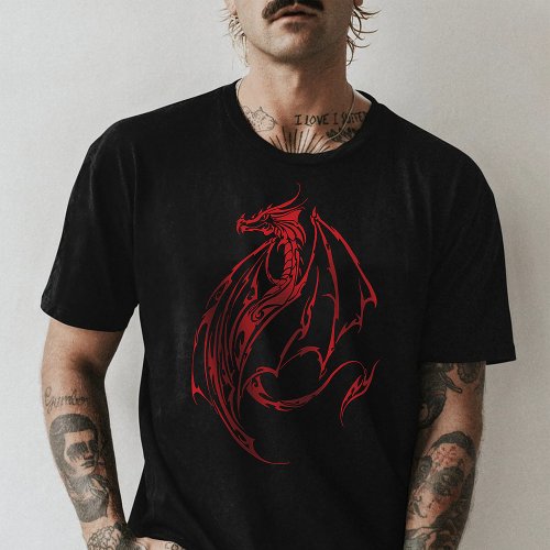 Fierce Red Tribal Dragon Silhouette Fantasy T-Shirt