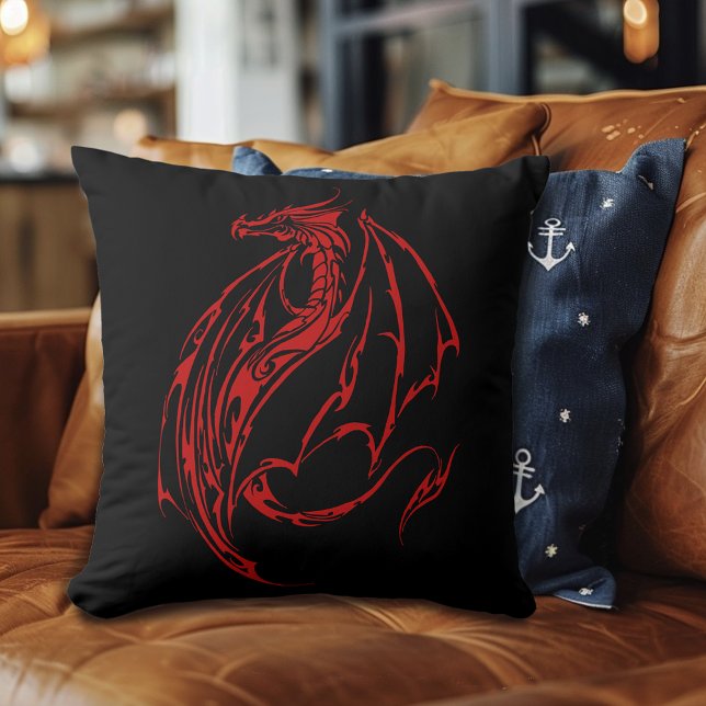 Fierce Red Tribal Dragon Silhouette Fantasy Throw Pillow (Creator Uploaded)
