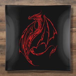 Fierce Red Tribal Dragon Silhouette Fantasy Trinket Tray