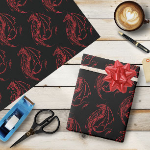 Fierce Red Tribal Dragon Silhouette Fantasy Wrapping Paper