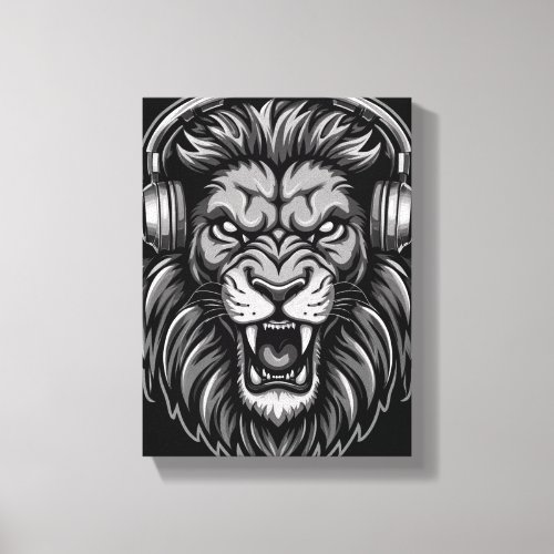 Fierce Roaring Lion with Headphones Monochrome Pos Canvas Print