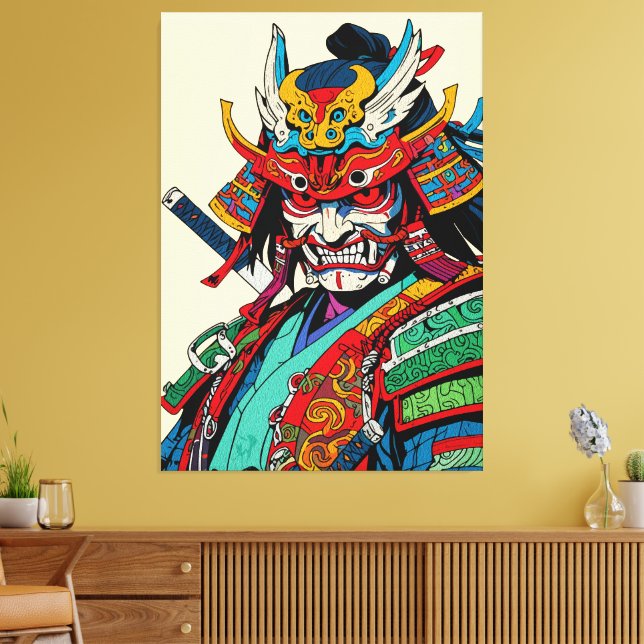 Fierce Samurai Warrior – Colorful Japanese Bushido Canvas Print (Insitu(LivingRoom))