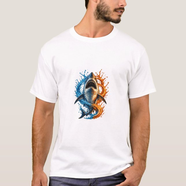 Fierce Shark Splash Design – Blue & Orange Ocean P T-Shirt (Front)