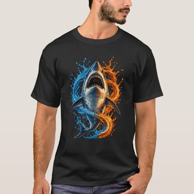 Fierce Shark Splash Design – Blue & Orange Ocean P T-Shirt (Front)