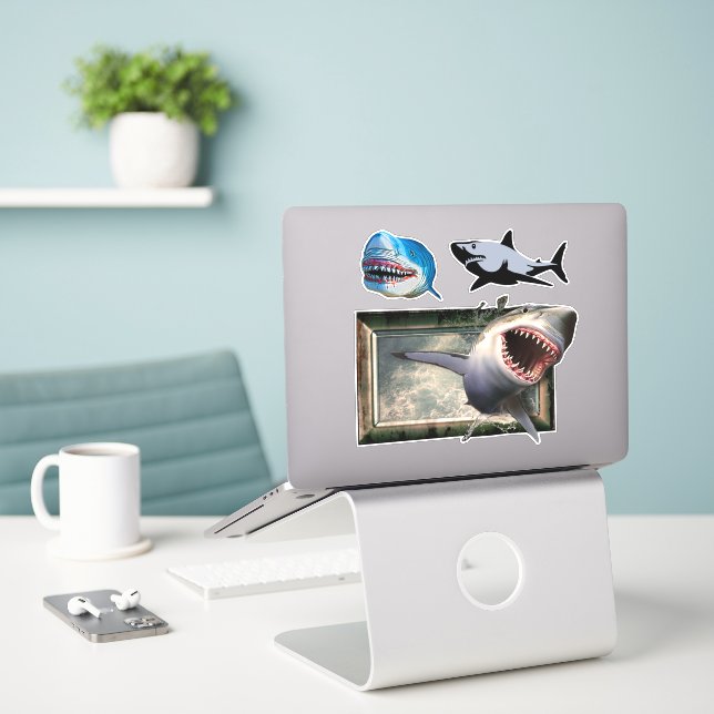 Fierce Sharks of Terror Great White and Blue Shark Sticker (Laptop On Desk)