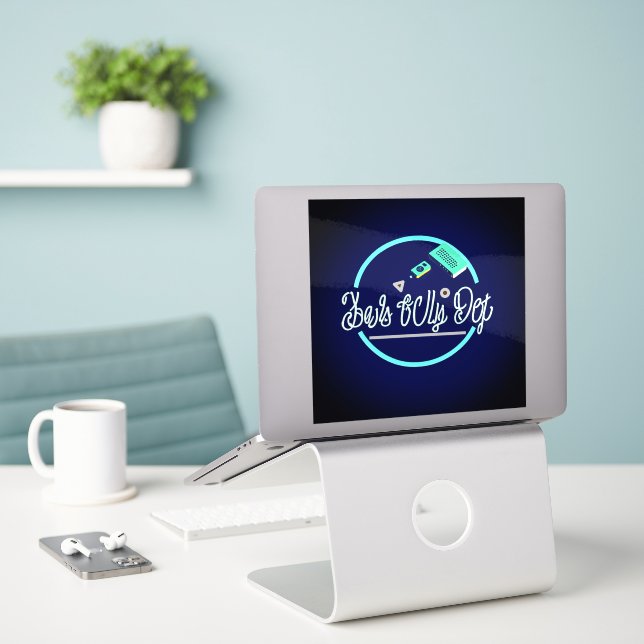 Fierce Technology Man's Best Friend Art Large 8"x8 Sticker (Laptop On Desk)