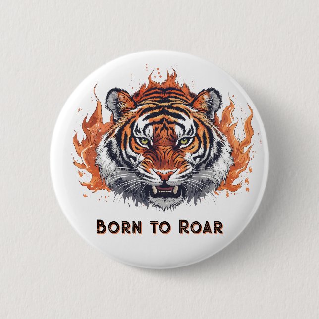 Fierce Tiger with Flames - Customizable Text Button (Front)