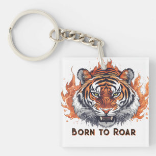 Fierce Tiger with Flames - Customizable Text Keychain