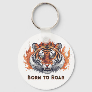 Fierce Tiger with Flames - Customizable Text Keychain