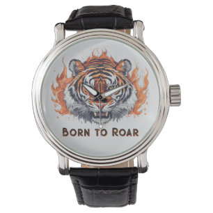 Fierce Tiger with Flames - Customizable Text Watch