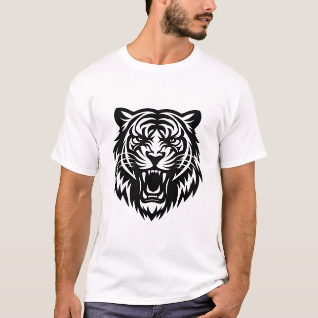 Fierce Tribal Tiger Face T-Shirt Design - Roaring  (Front)