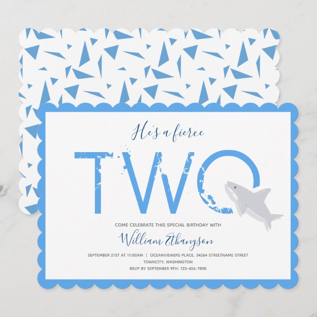 Fierce Two Blue White Shark Animal 2nd Birthday Invitation (Front/Back)