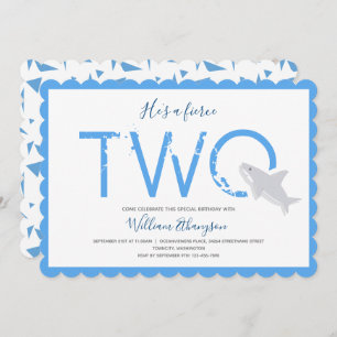Fierce Two Blue White Shark Animal 2nd Birthday Invitation