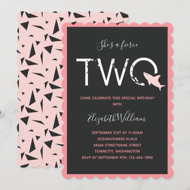 Fierce Two Pink Shark Bold Animal 2nd Birthday Invitation (Front/Back)