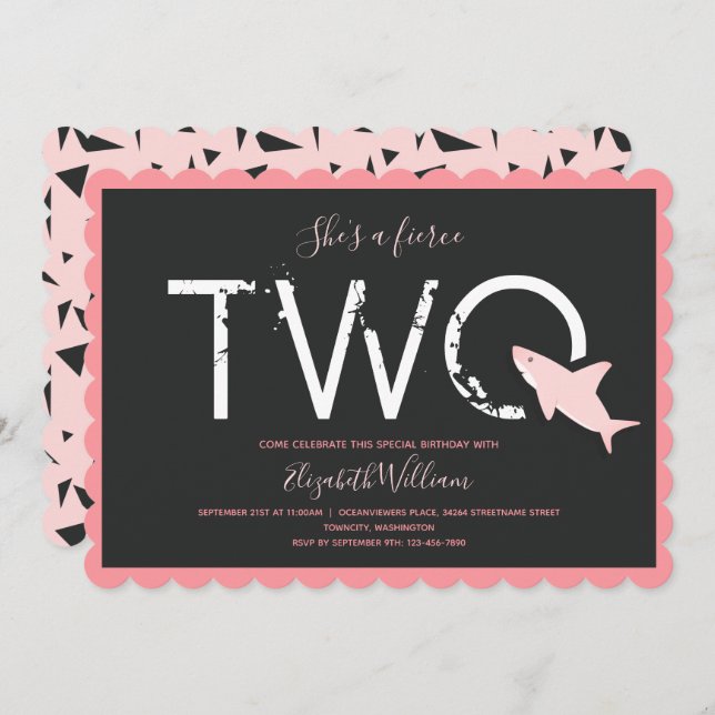 Fierce Two Pink Shark Bold Animal 2nd Birthday Invitation (Front/Back)
