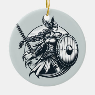Fierce Valkyrie Warrior – Norse Mythology Line Art Ceramic Ornament