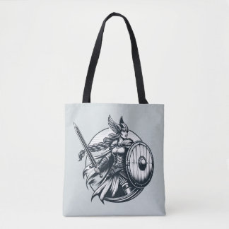 Fierce Valkyrie Warrior – Norse Mythology Line Art Tote Bag