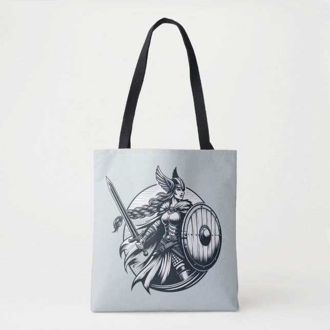 Fierce Valkyrie Warrior – Norse Mythology Line Art Tote Bag (Front)