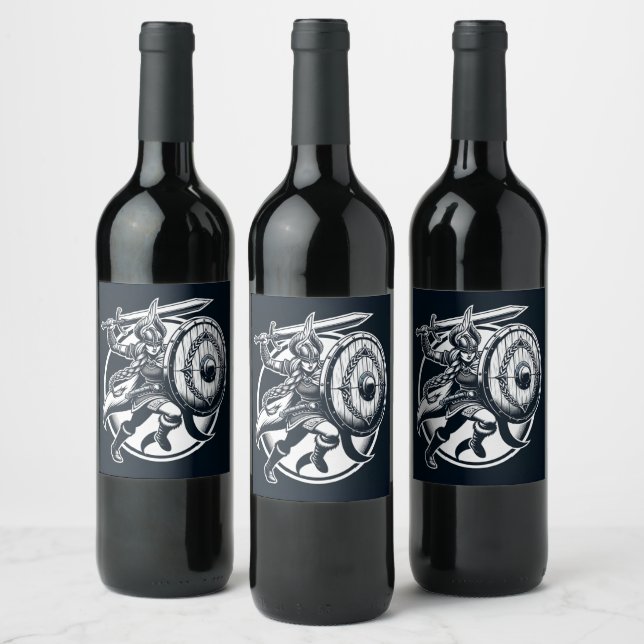 Fierce Valkyrie Warrior – Norse Mythology Line Art Wine Label (Bottles)