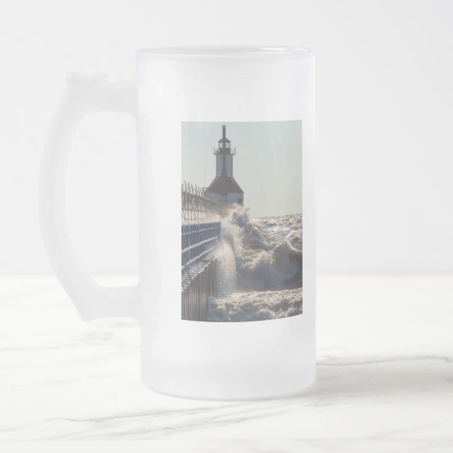Fierce Waves At St Joseph Frosted Glass Beer Mug (Left)