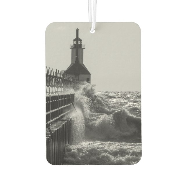 Fierce Waves At St Joseph Grayscale Car Air Freshener (Back)