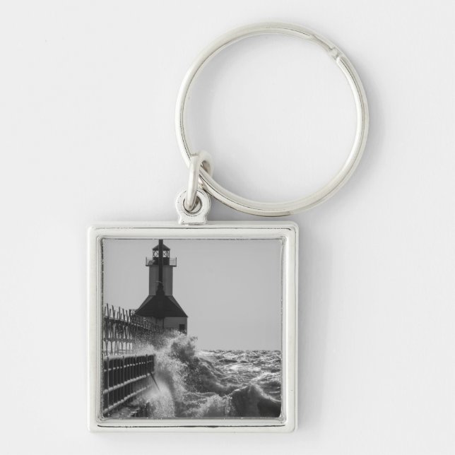 Fierce Waves At St Joseph Grayscale Keychain (Front)