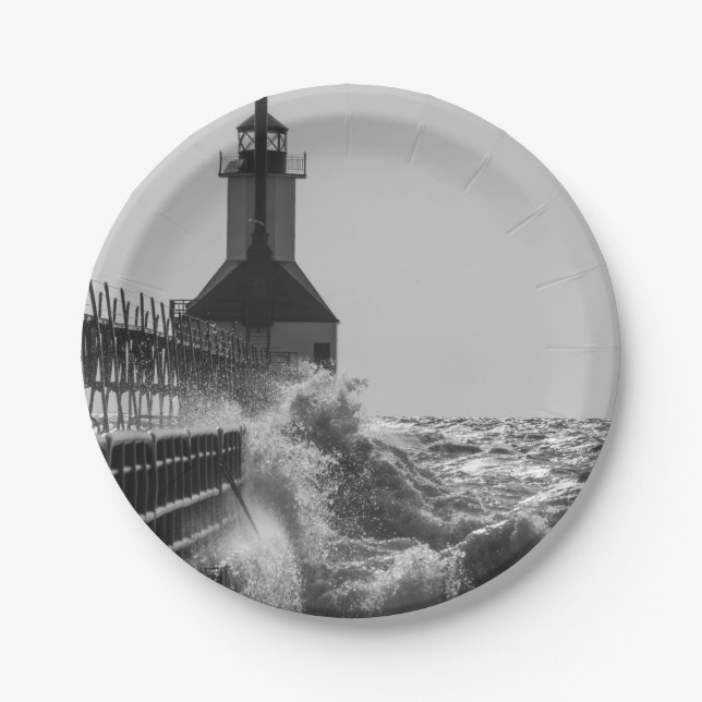 Fierce Waves At St Joseph Grayscale Paper Plates (Front)