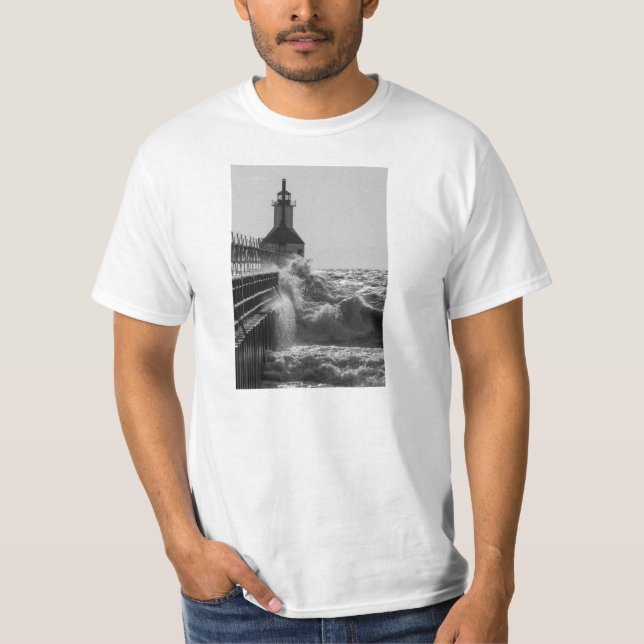 Fierce Waves At St Joseph Grayscale T-Shirt (Front)