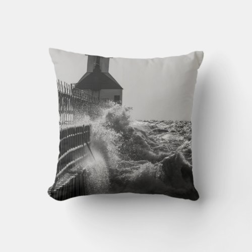 Fierce Waves At St Joseph Grayscale Throw Pillow