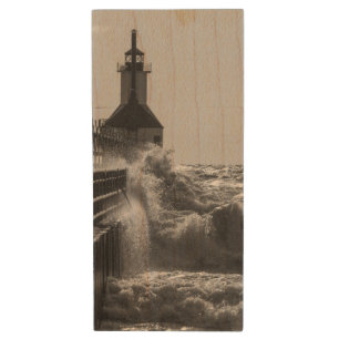 Fierce Waves At St Joseph Grayscale Wood USB Flash Drive