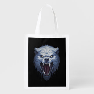 Fierce White Wolf Head Dark Fantasy Illustration Grocery Bag